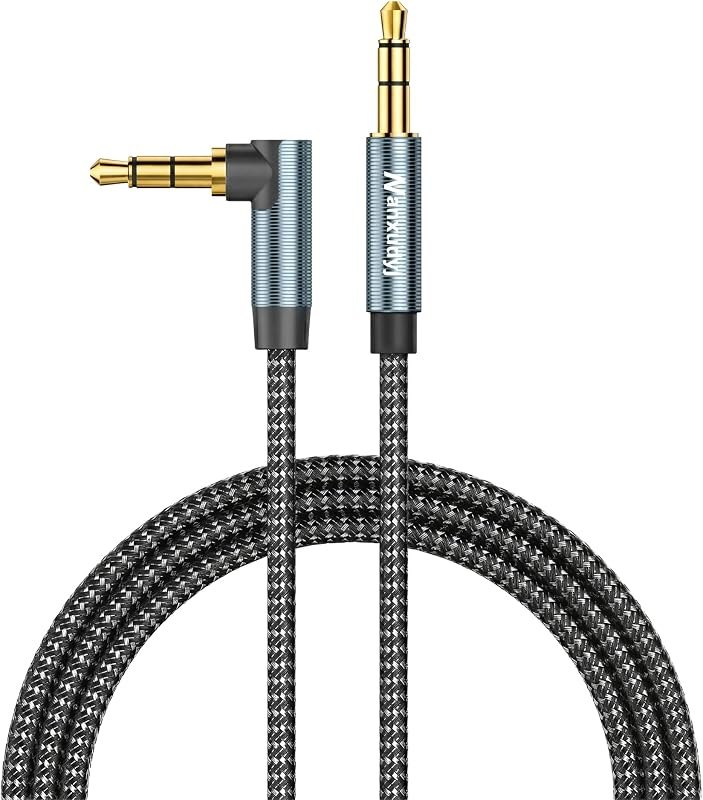 AUX Cord 6ft, 3.5mm Stereo Audio Cable 90 Degree Right Angle Nylon Braided Male to Male for Car, Headphones, Speaker