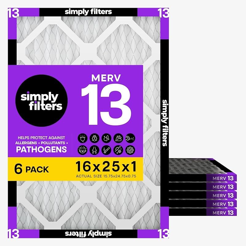 Simply 16x25x1 Air Filter, Merv 13, 6 Pack, For Home AC Furnace & HVAC (Actual Size: 15.75"x24.75"x0.75") DUST, Pet, &