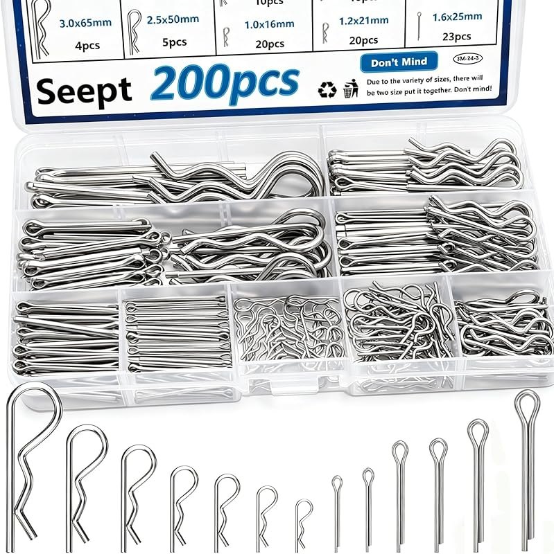 200Pcs 304 Stainless Steel Cotter Pins Assortment Kit - Hitch Pin Clips for Locking Systems — implement-pin-kit for