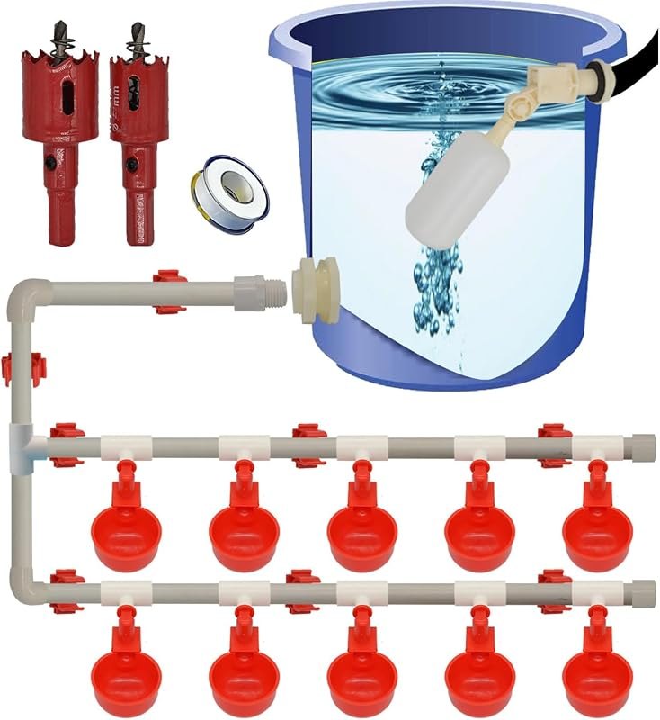 Complete Set Pipeline Automatic Chicken Nipple Waterer Cups and 1/2" PVC Tee Fittings Pipe Feeder Poultry Waterer
