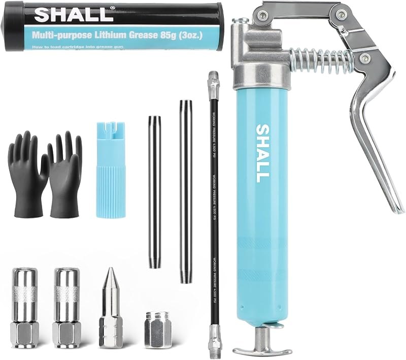 SHALL Mini Grease Gun Kit (3.52OZ, 3000PSI) with Accessories: 2x 4-Jaw Couplers, Sharp Nozzle, Extension Adapter, 3OZ