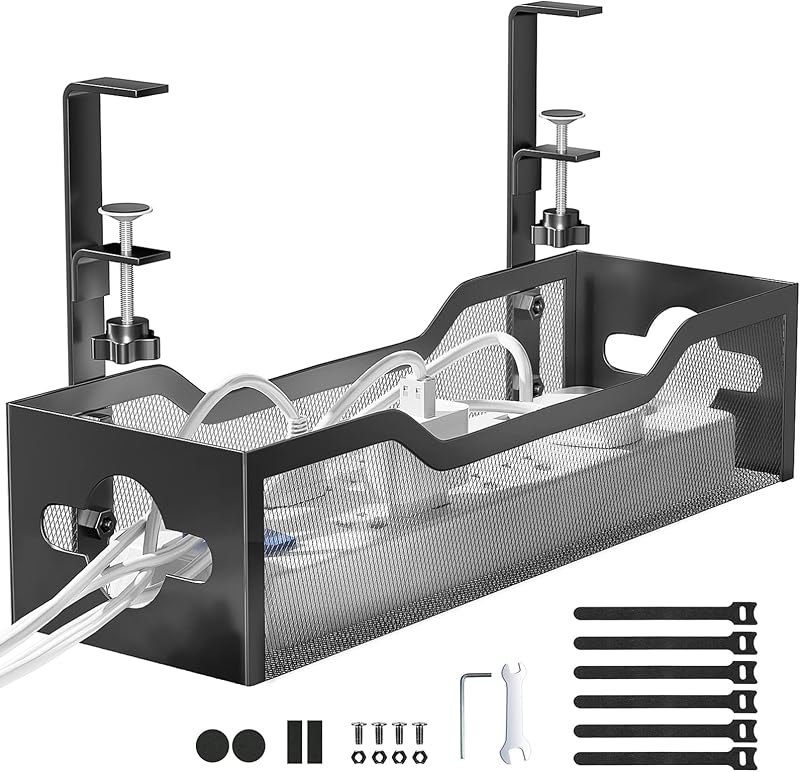 Under Desk Cable Management Tray No Drill, Metal Mesh Cable Management Under Desk with Clamp Mount, 2 Hole Cable Tray