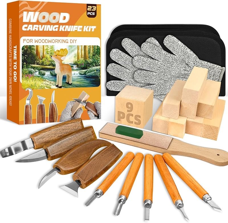 Wood Carving Kit, 23pcs Wood Carving Tools with 4 Wood Carving Knives 5 Detail Knives 9 Blocks, Whittling Kit DIY