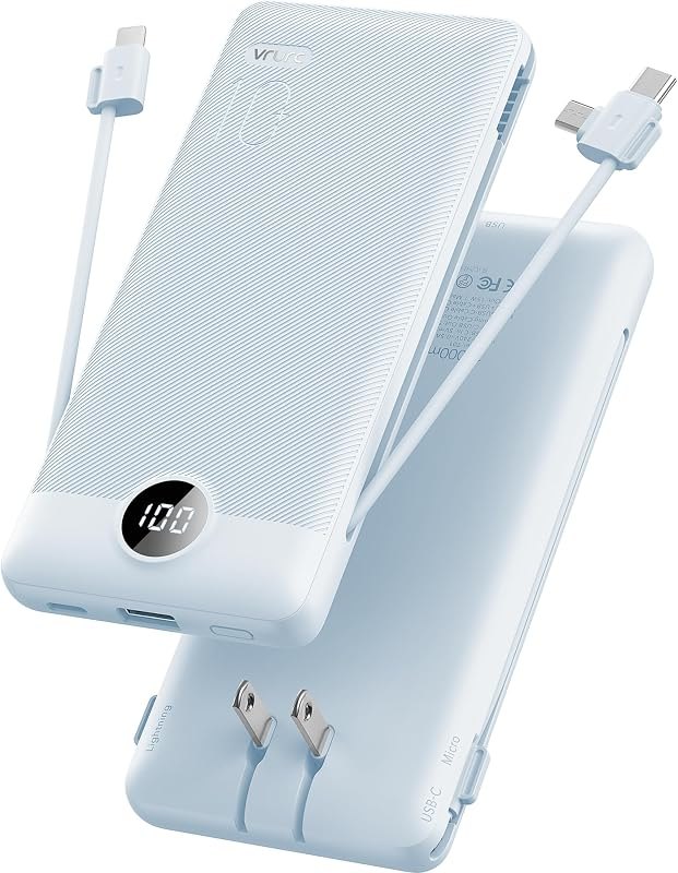 VRURC Portable Charger, Power Bank Built-in Cables and AC Wall Plug — airline for best power bank best rated