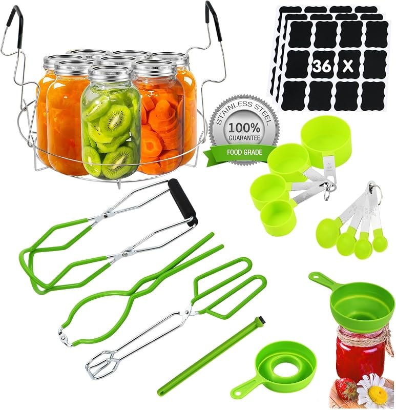 Canning Supplies Starter Kit Stainless Steel Canner Tools Set with Canning Rack, Jar Lifter Tongs, Funnel, Labels, Jar