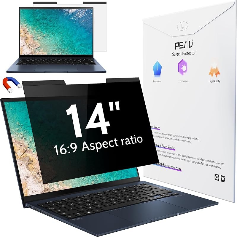 Peslv Magnetic Laptop Privacy Screen 14 inch for 16:9 Computer Monitor, 14" Removable Anti Glare Protector Blue Light
