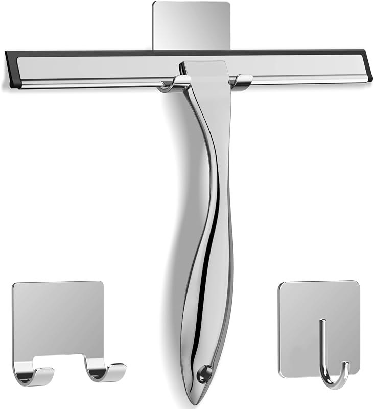 All-Purpose Stainless Steel Shower Squeegee for Shower Glass Door with 2 Adhesive Hooks, Bathroom Cleaner Tool