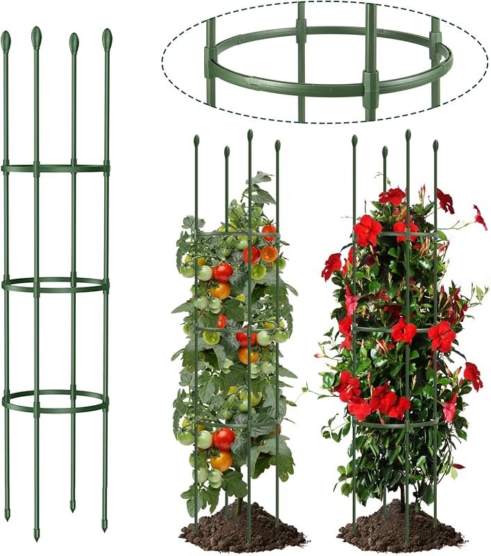 Round Heavy Duty Tomato Cage - 55 Inch Steel Core Plastic Coated Garden Trellis, 4-Post Rustproof Plant Support for
