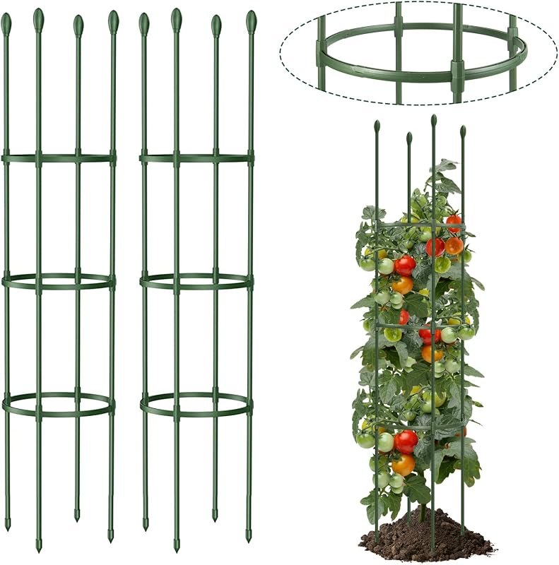 Round Heavy Duty Tomato Cage - 55 Inch Steel Core Plastic Coated Garden Trellis, 4-Post Rustproof Plant Support for