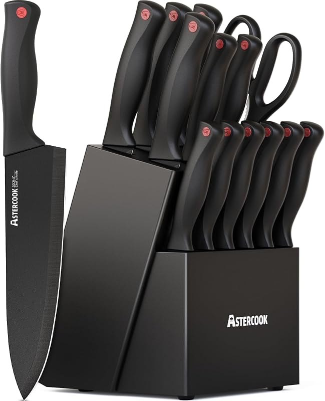 Astercook Knife Set for Kitchen with Block and Sharpener 15pcs German — set for best chef knife