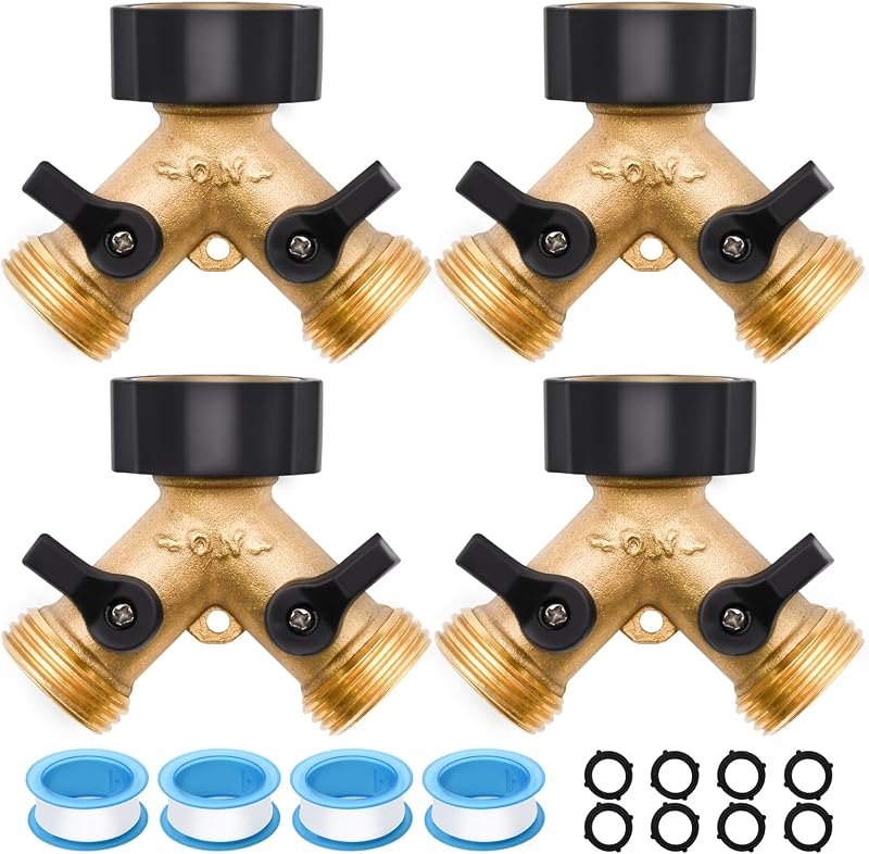 4 Pack Hose Splitter, 2 Way Heavy Duty Brass Garden Hose Splitter, for 3/4" Hose Connector, Brass Garden Hose Manifold