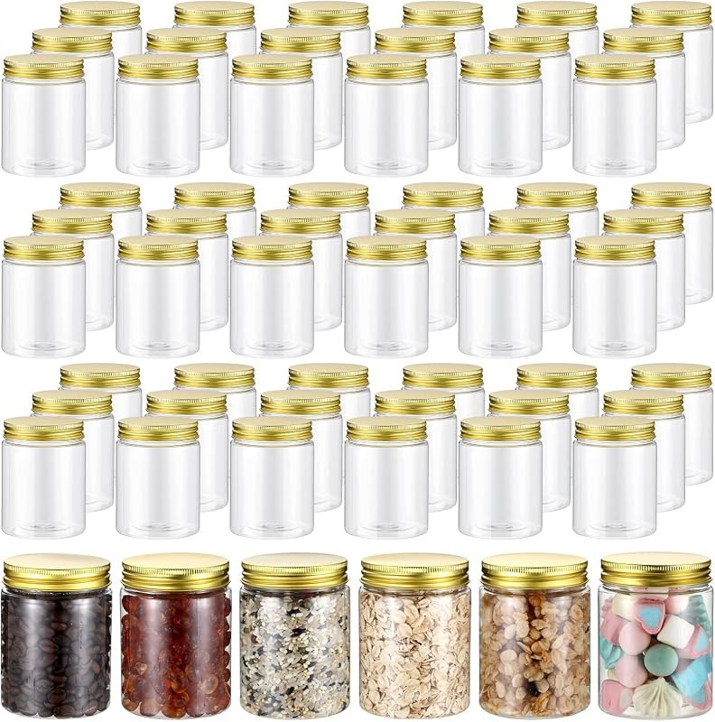 Wesiti 60 Pcs 8 oz Clear Plastic Mason Jar Containers with Lid, Gold Lid — Canning refill for canning