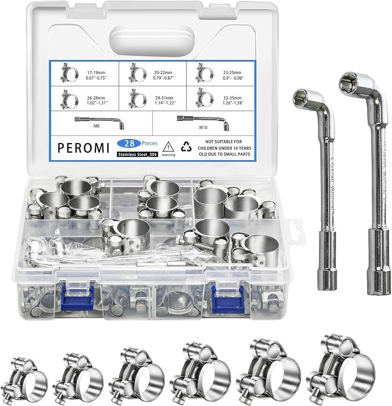 T-bolt Hose Clamps, PEROMI 28pcs 6 Size Heavy Duty Radiator Hose Clamps Assortment Kit-Size Range 17-35mm, 304