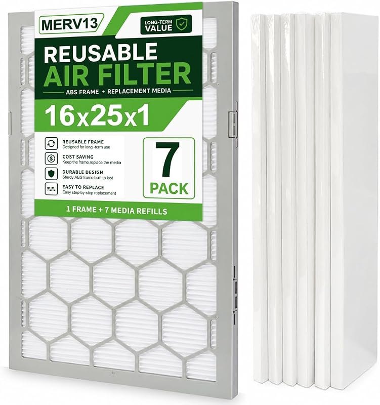 16x25x1 MERV 13 Air Filter,AC Furnace Air Filter,Reusable ABS Plastic Frame, 7 Pack Replaceable Filter Media (Actual
