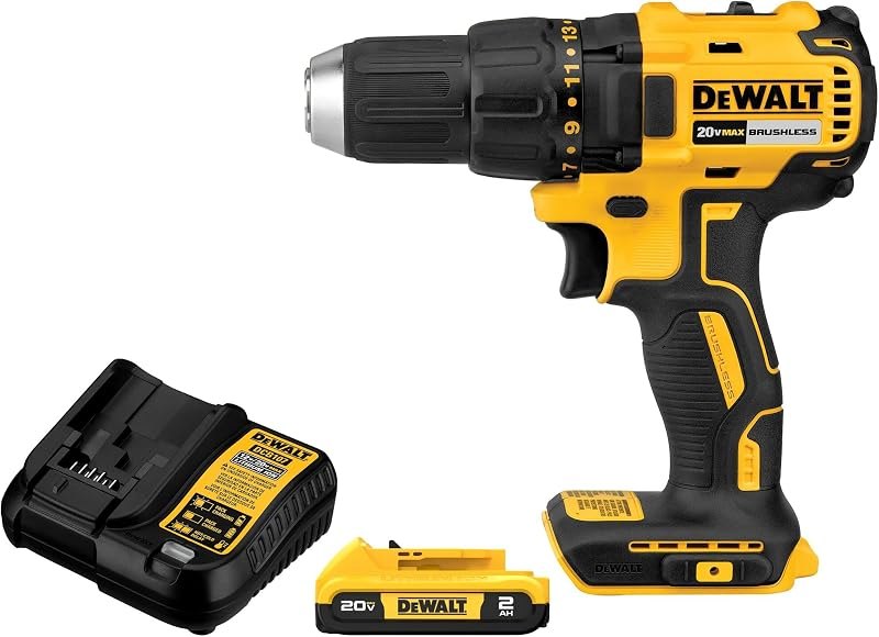 DEWALT 20V MAX Cordless Drill Driver Set, Electric Drill, Brushless 1/2 In 2 Speed, 2.0 Ah Battery and Charger