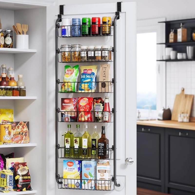 Delamu Over the Door Pantry Organizer, 6-Tier Metal Pantry Door Organization and Storage, Hanging Kitchen Basket Spice