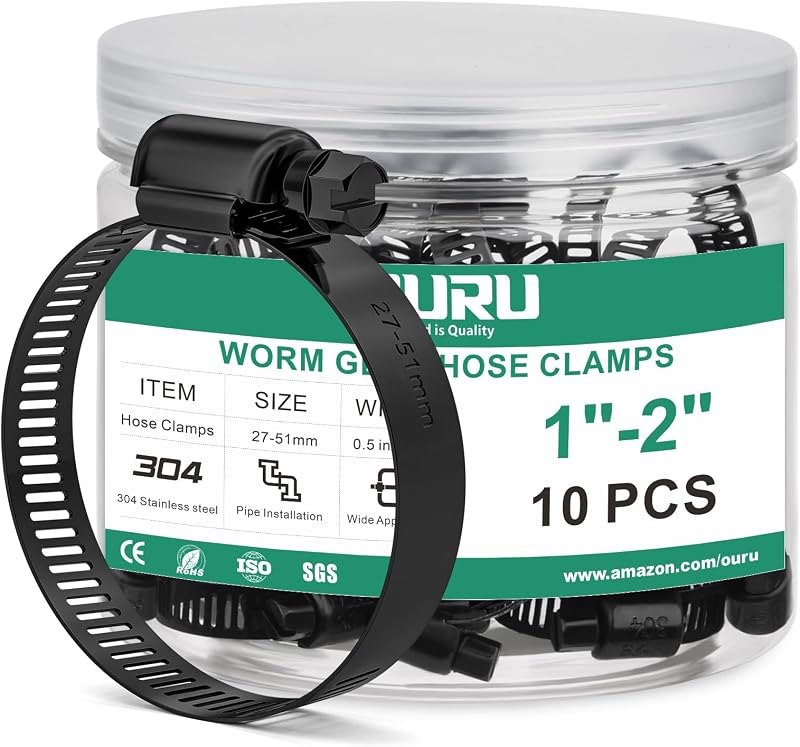 OURU 10PCS Black Hose Clamp Stainless Steel Adjustable 1" — pipe repair clamp heavy duty for pipe repair clamp