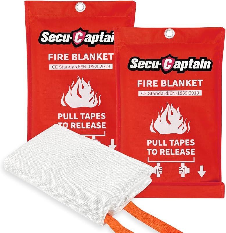 SecuCaptain Emergency Fire Blanket for Home and Kitchen - 2 Pack 40"x40" Flame Suppression Fiberglass Fire Blankets