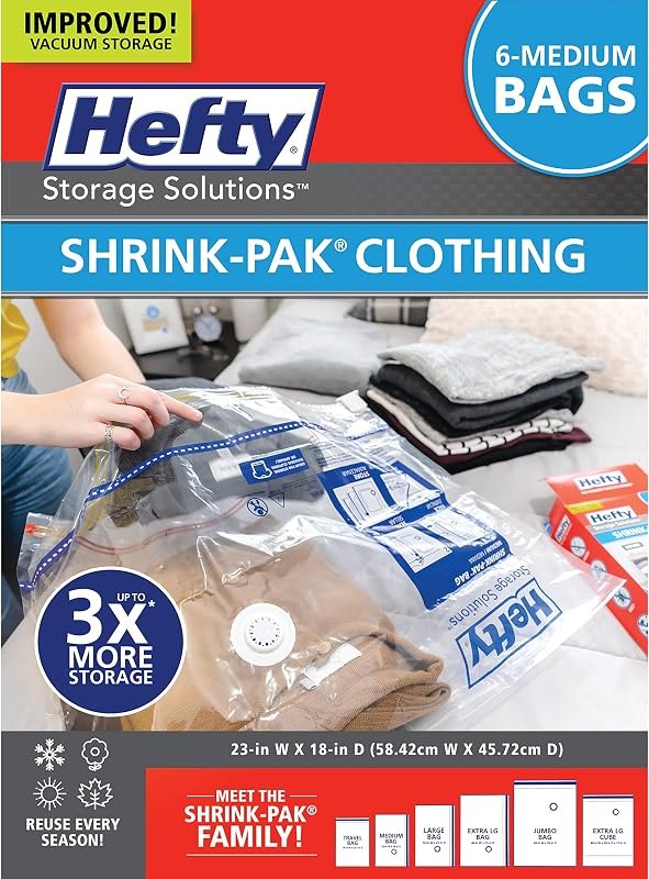 Hefty Shrink-Pak Vacuum Storage Bags - Space Saver for Under Bed Storage, Clothing and Comforters, 3X More Storage