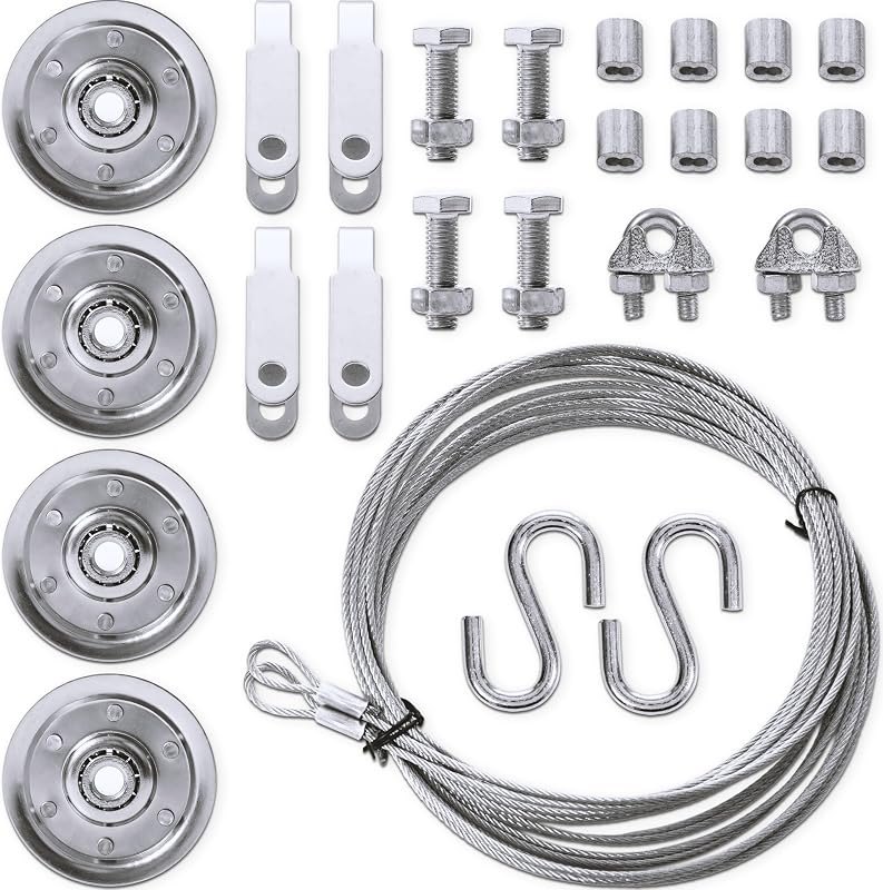 Garage Door Pulley and Cable Kit, 4 Pulley Set with 2 Steel Cables, Fits 7 ft and 8 ft Garage Doors, 3 Inch Low Noise