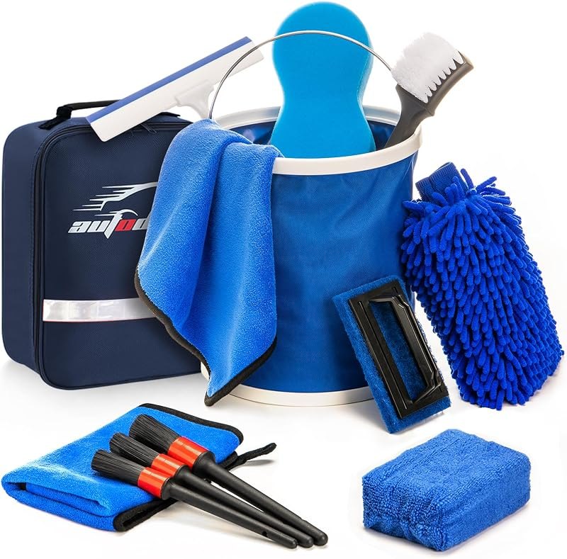 12Pcs Boat Wash Cleaning Kit with Collapsible Bucket Wash Sponge Mitt Microfiber Towel Squeegee Scrub Pads Brushes