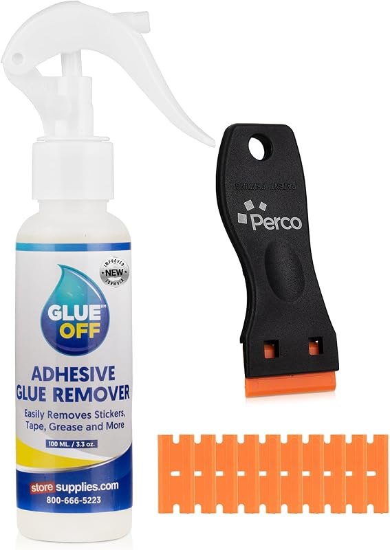 Perco Glue Off Adhesive Remover - New Stronger Formula! - 3.3 oz with Scraper & Plastic Razor — sticker residue