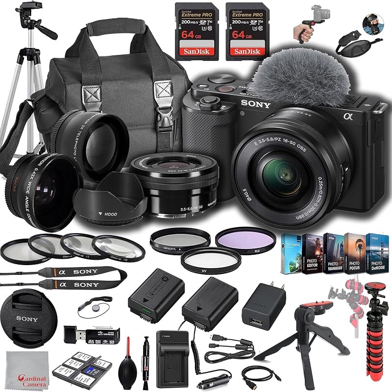 ZV-E10 Mirrorless Camera with 16-50mm Lens, 128GB Extreem Speed Memory,.43 Wide Angle & 2X Lenses, Case. Tripod