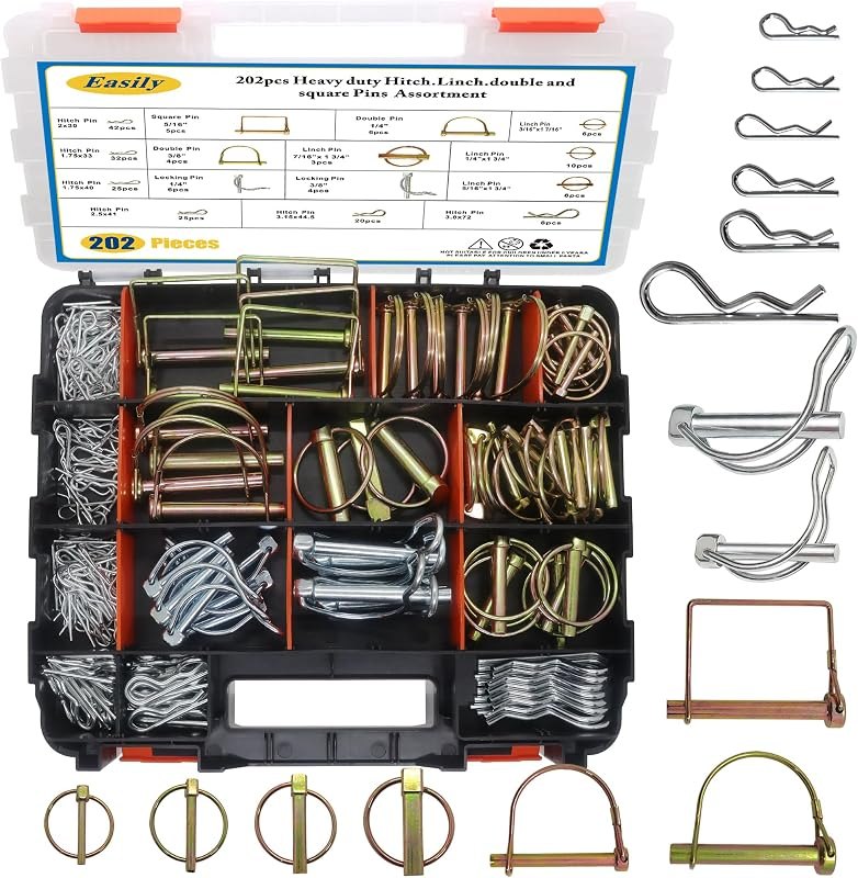202PCS Hitch Pins Clip Pins, Linch and PTO Pins for Trailers Tractors Trucks Towing Mowing, Farm Equipment, Snow