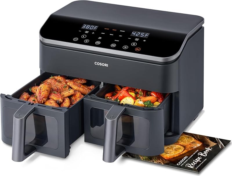 Cosori Dual Air Fryer, 9QT, 10-in-1,Sync Cook & Finish, Max 450°F — dual basket for best air fryer best rated