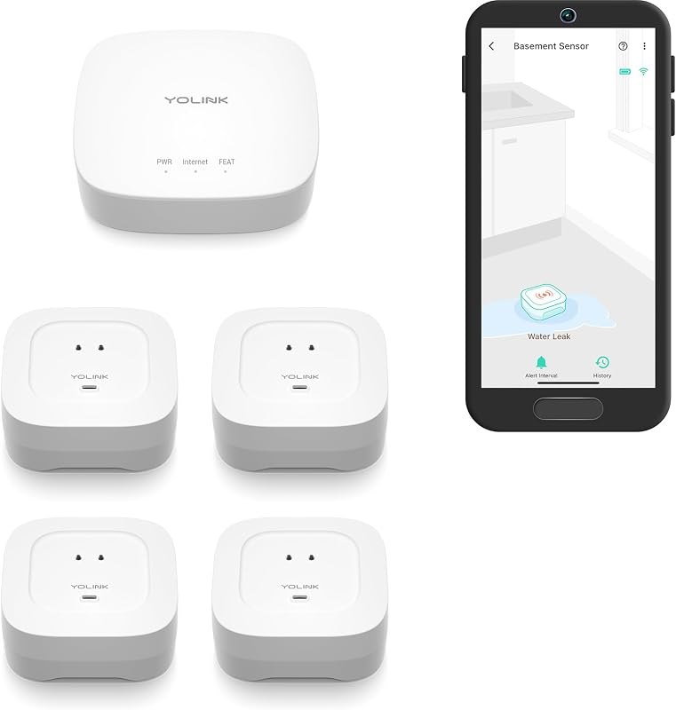 YoLink Water Leak Starter Kit: Hub + 4 Leak Sensor 4 (105 dB Siren), LoRa Long-Range, App/SMS/Email Alerts, D2D