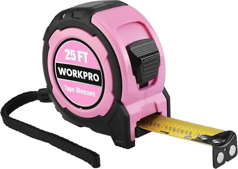 WORKPRO 25FT Pink Tape Measure, 1/8 Fractions Easy Read Measuring Tape — tape for best home tool kit travel compact
