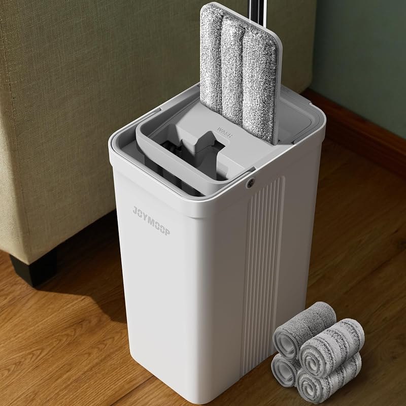 JOYMOOP Flat Mop System, Microfiber Mop and Bucket Set, White, Commercial & Household Use, Hardwood Floor & Wall