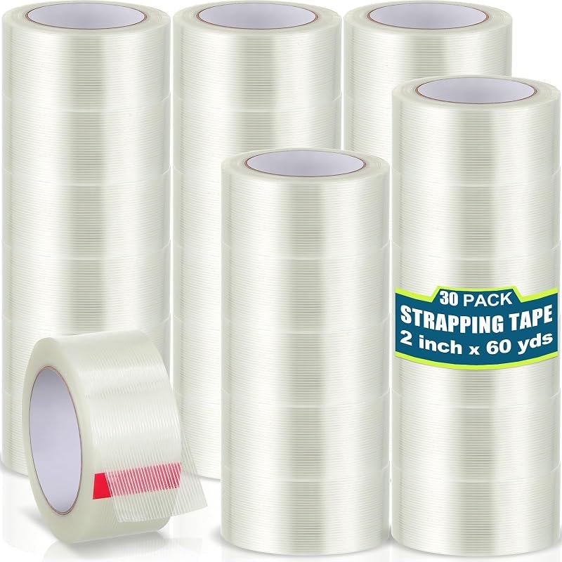 Treela 30 Rolls Strapping Tape Bulk 2 Inch X 60 Yards 5.5 Mil Fiberglass Filament Tape Transparent Reinforced Heavy