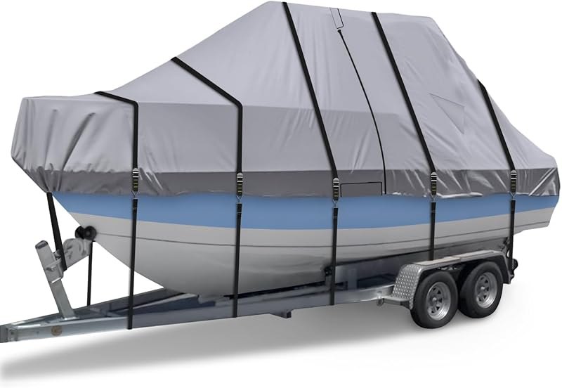 900D T Top Boat Cover -Heavy Duty Waterproof Trailerable Center Console Boat Cover fits for Beam Width Up to 116", Gray