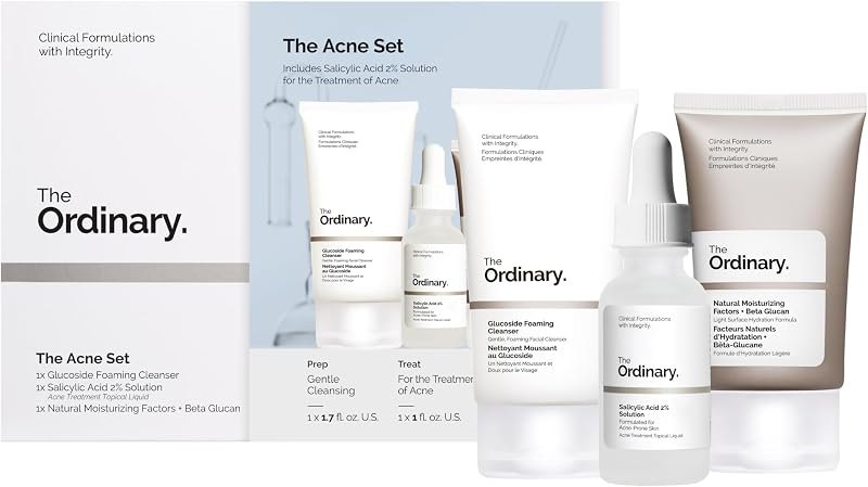 The Ordinary The Acne Set, 3-Step Skin Regimen with Glucoside Foaming Cleanser, Salicylic Acid 2% Solution, and