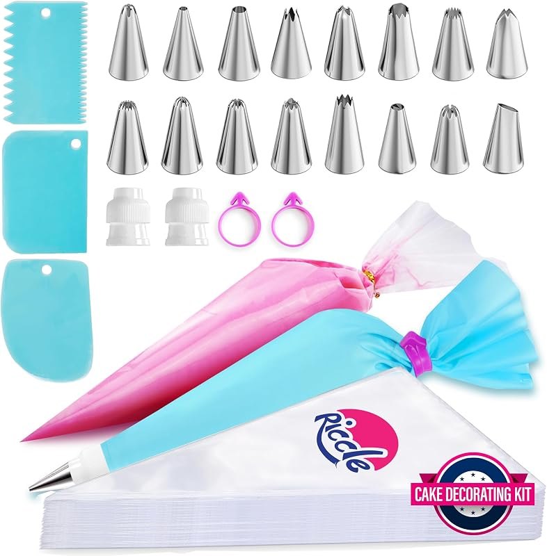 Riccle Piping Bags and Tips Set, 11.8 Inch 100 Anti Burst Piping Bags, 124 Pcs Cake Decorating Kit with 16 Piping