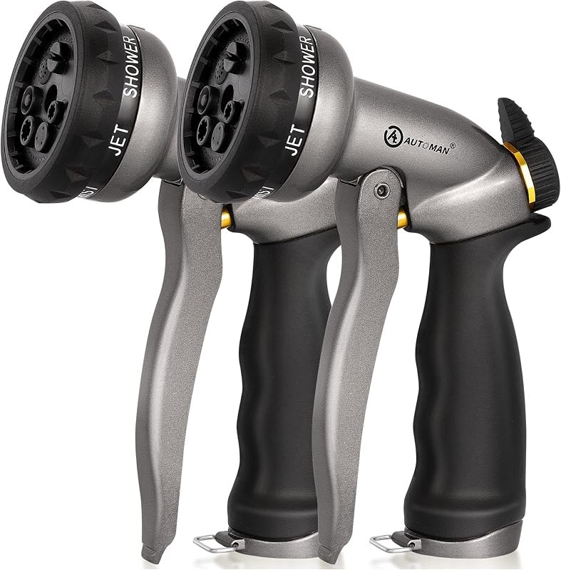 AUTOMAN Garden Hose Nozzle - 2 Pack, 100% Metal High Pressure Spray Nozzle, Labor-Saving Design, Heavy Duty for Garden