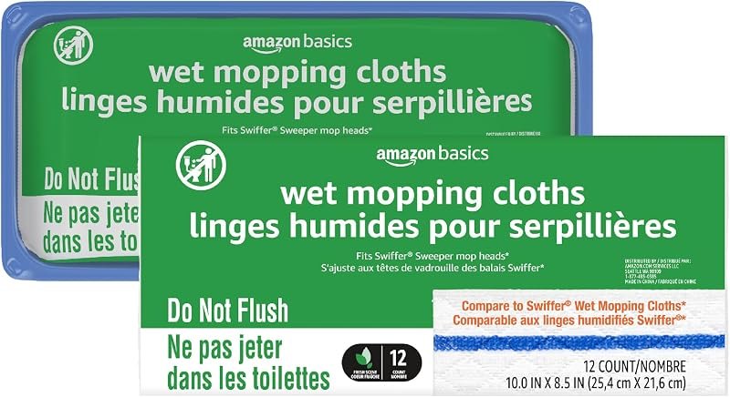 Amazon Basics Wet Mopping Cloth Refills, Multi-Surface Floor Cleaning, Fresh Scent, Low Streak, Disposable, 24 Count