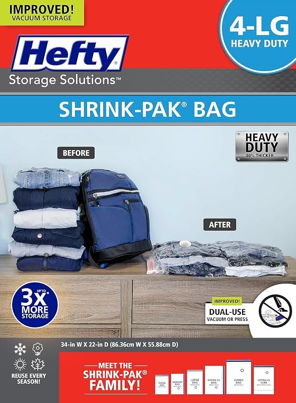 Hefty Vacuum Bags for Clothes 4 Pack, Space Saving Large Vacuum Storage Bags (34 X 22 Inches) Compression Seal for