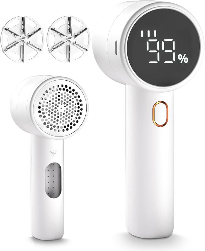 Fabric Shaver, Lint Remover Rechargeable, Electric Portable Sweater Defuzzer with 3 Speeds, 6 Leaf Blades, Digital LED