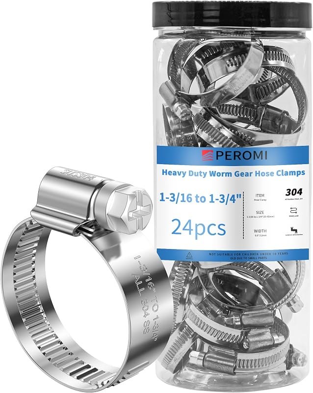 24PCS Adjustable Hose Clamps, 304 Stainless Steel Worm Gear, 1-3/16" to 1-3/4"(30-45mm), Rolled Edge No Perforations