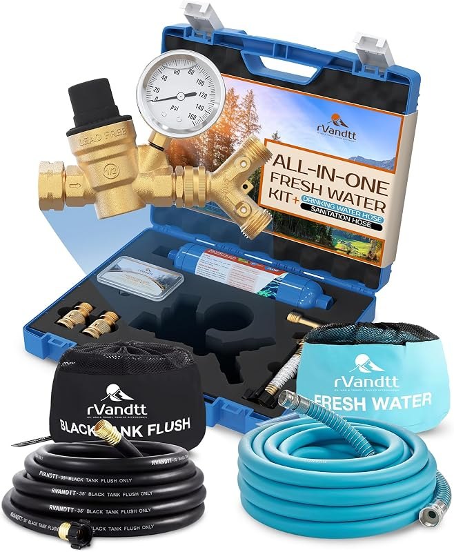 RV Fresh Water Kit w/Drinking & Santation Hose - RV Water Pressure Regulator, Filter, Hose Connectors, Leak Repair
