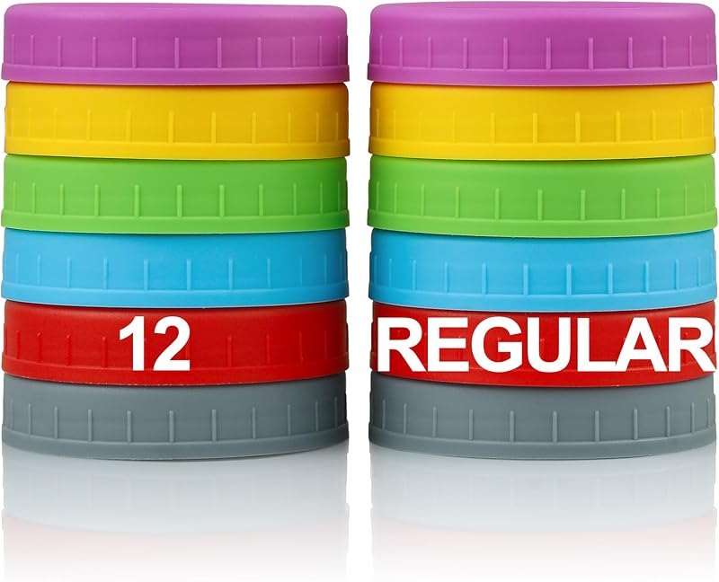 12 Pack REGULAR MOUTH Mason Jar Lids for Ball, Kerr and More - Multicolor Plastic Storage Caps for Mason Jars, Canning