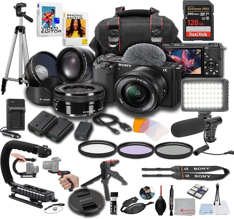 Sony ZV-E10 + 16-50mm Lens, LED Light, Microphone, 128GB Extrem Speed, U-Grip, Filters, Tripod, Case, Software, & More