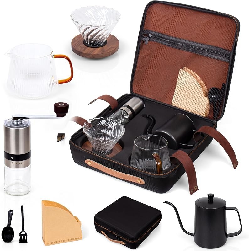 Outdoor Travel Coffee Gift Set with Goose Neck Kettle Glass Server Manual Grinder Glass Dipper 100 pcs Paper Filter