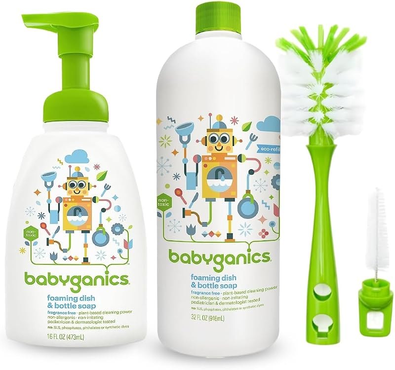 Baby ganics 16 Ounce Dish Dazzler Foaming Dish and Bottle Soap with Refill Kit BUNDLED with Two (2) Bottle Brushes