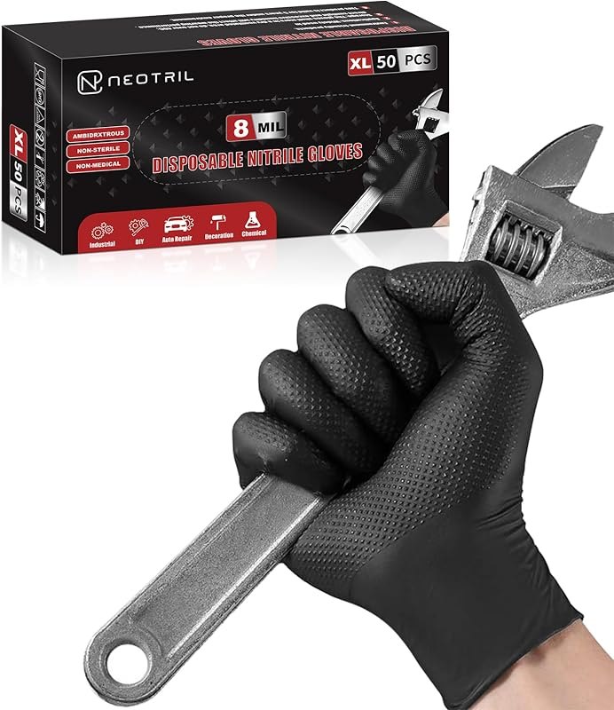 NEOTRIL 8 Mil Heavy Duty Disposable Nitrile Gloves with Diamond Texture Grip Rubber Gloves Latex & Powder Free — Auto