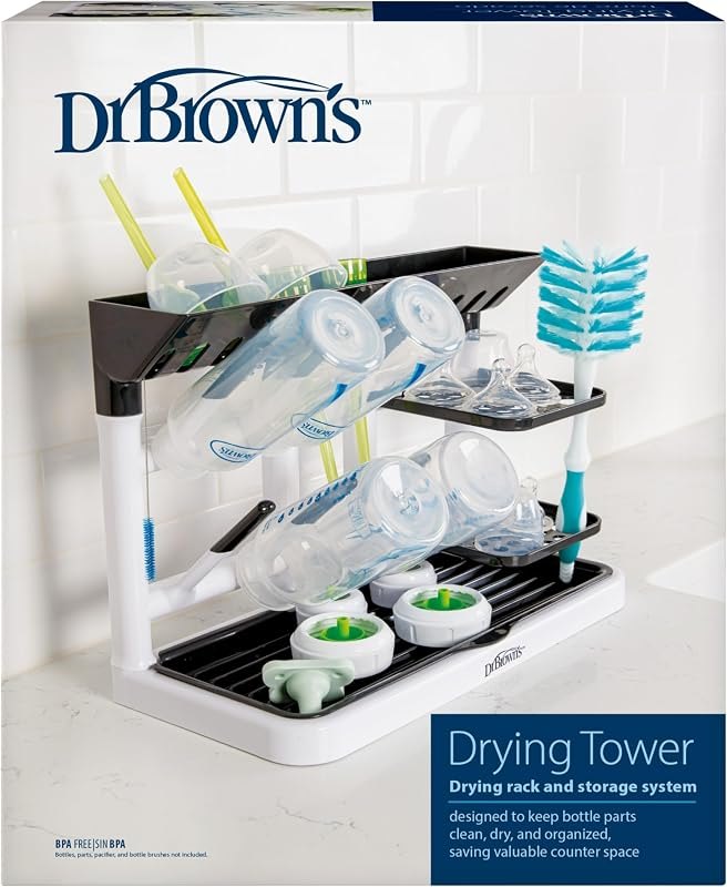 Dr. Brown's Drying Tower, Stand-Up Drying Rack, Countertop Baby Bottle Drying with Organized Storage for Baby