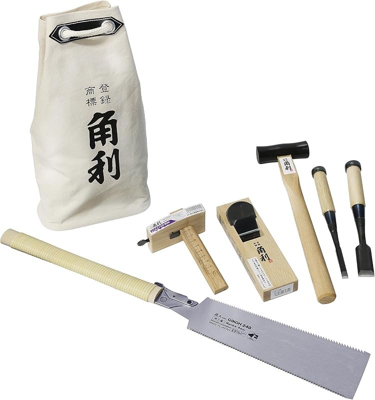 KAKURI Japanese Woodworking Hand Tool Set for Beginner 7 Pcs (Japanese Plane, Chisels, Saw, Hammer, Marking Gauge