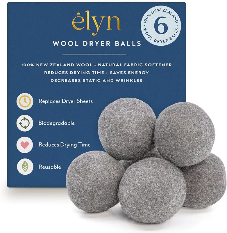 ELYN Wool Dryer Balls 6-Pack - XL, 100% New Zealand Wool, Reusable and Handmade. Fragrance-Free, Natural Fabric &